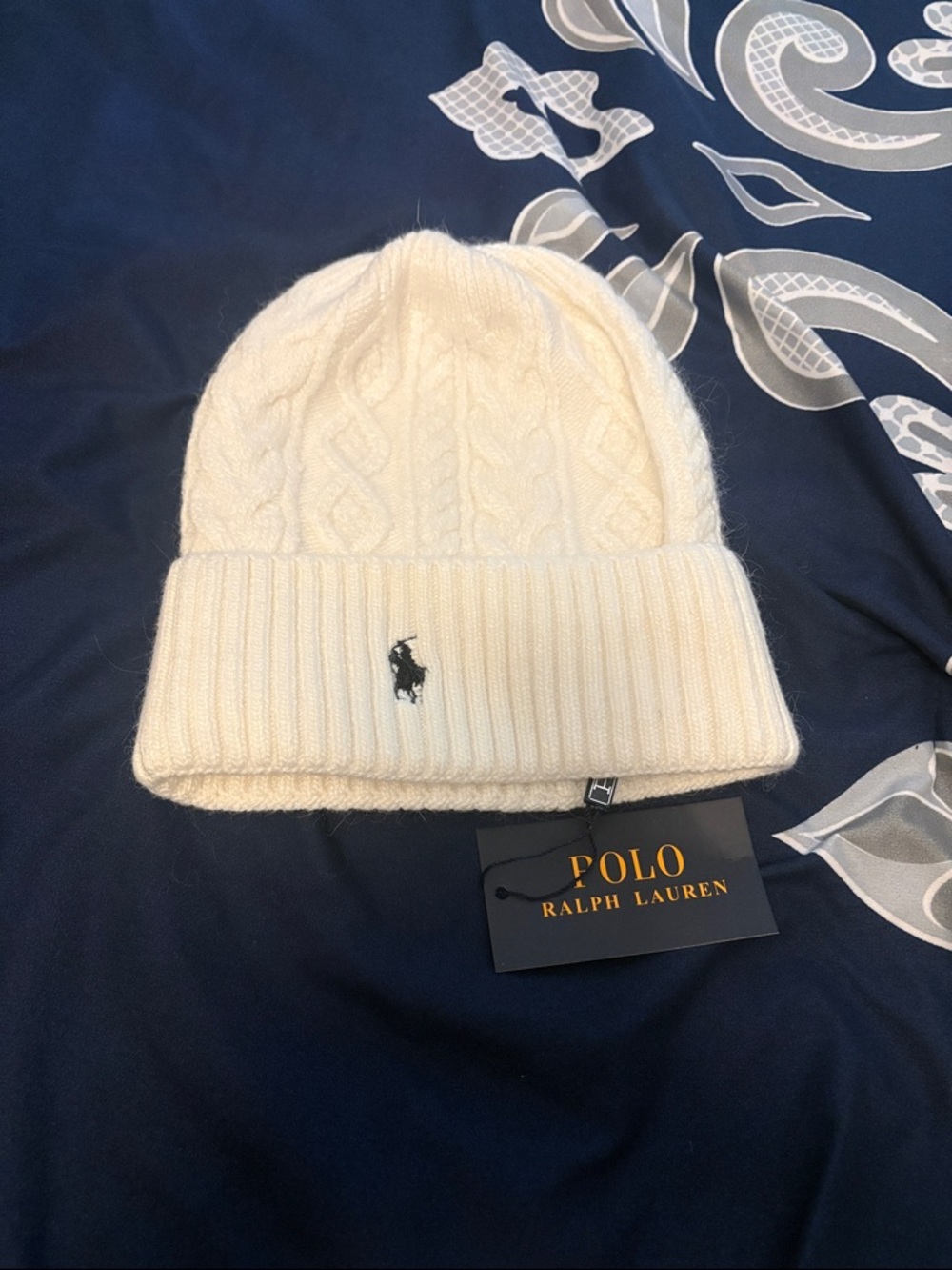 Polo by Ralph Lauren Cream Ribbed Knit Hat with Branded Tags